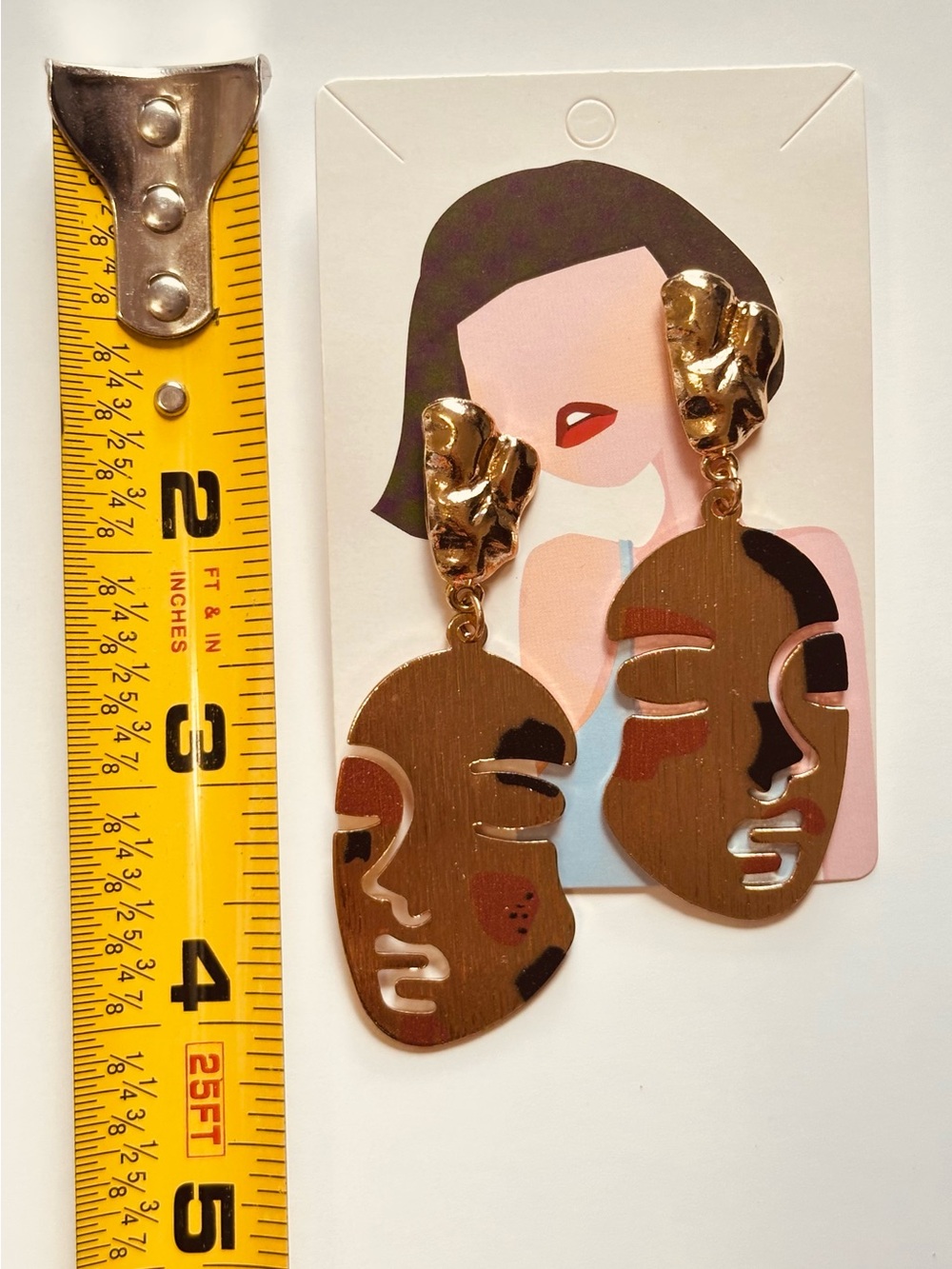 Abstract Face Dangle Earrings - Brown & Gold